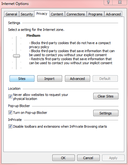 Privacy tab, Sites Button